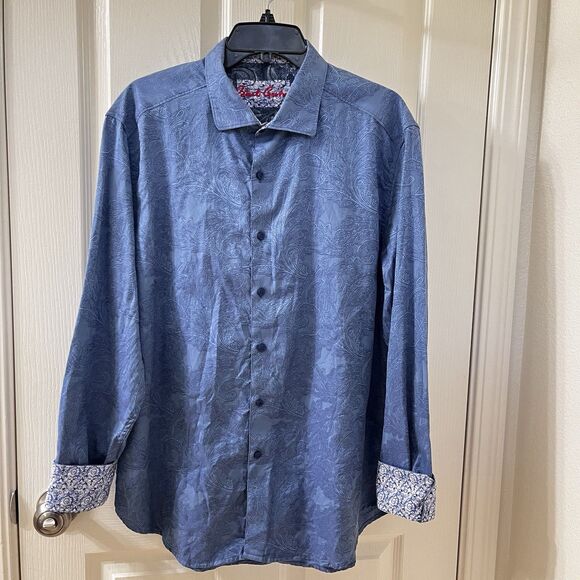 Robert Graham Blue Paisley Button Down Shirt Cotton Skull Flip Cuff Men's SZ XL - Picture 1 of 12